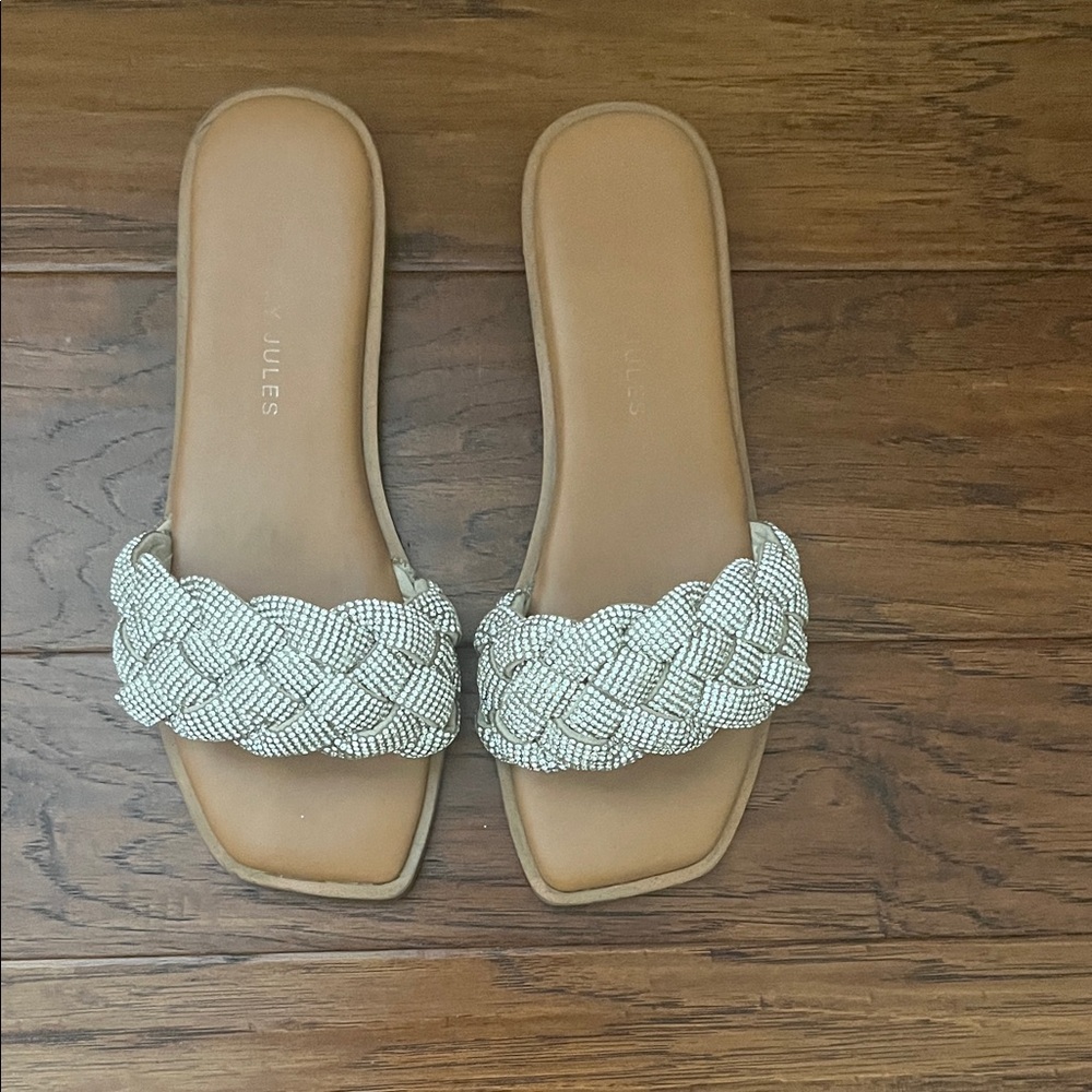 Sincerely Jules Women's Braided Beaded Slide Sandals in silver beaded Strap